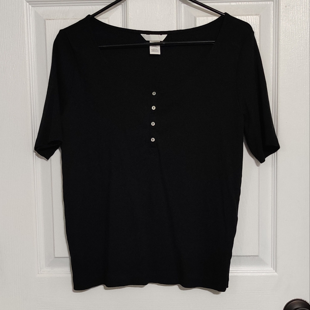 H&M Black ¾ Sleeve Henley with Front Buttons